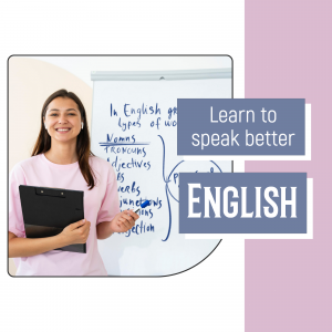 Woman teaching English with a whiteboard and clipboard