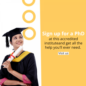 A smiling graduate in a cap and gown promoting a PhD program.