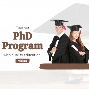 Two graduates in caps and gowns promoting a PhD program