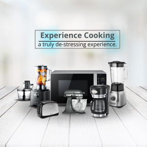 A collection of modern kitchen appliances including a microwave, blender, mixer, coffee maker, and toaster.
