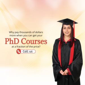 Woman in graduation gown promoting affordable PhD courses