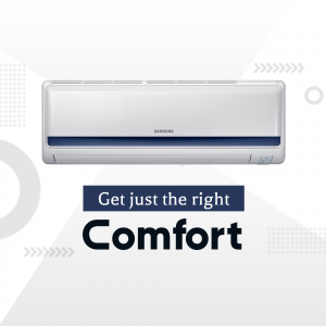 Samsung air conditioner unit mounted on a wall with a blue promotional banner.