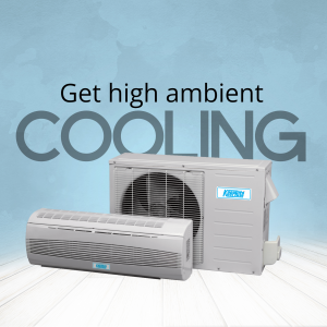 Image of a split air conditioner unit with text 'Get high ambient COOLING'