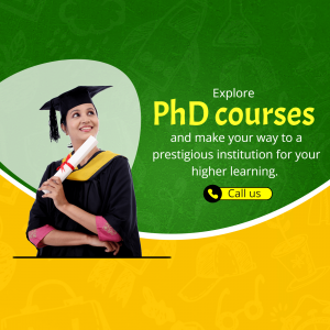 A graduate student holding a diploma, promoting PhD courses.