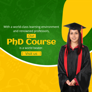 A graduate student in a cap and gown promoting a PhD course.