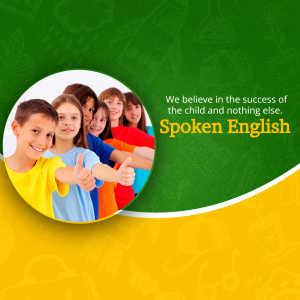 Group of children smiling and giving thumbs up with text promoting spoken English.