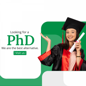 A smiling graduate student in a cap and gown holding a diploma, promoting a PhD alternative program.
