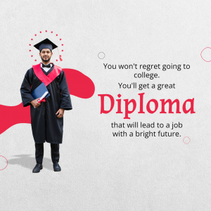 A graduate in cap and gown with a diploma, encouraging others to attend college.