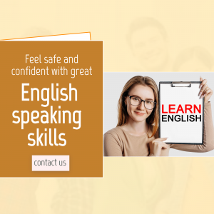 Woman holding a clipboard with 'Learn English' text
