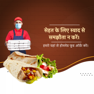 Delivery person holding pizza boxes with a wrap and salad, promoting healthy homemade food.