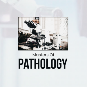 Microscope in a laboratory with text 'Masters of Pathology'