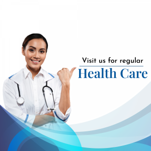 Female doctor pointing to the side with text 'Health Care'