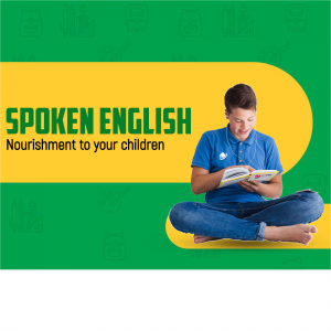 A young boy reading a book, promoting spoken English classes.
