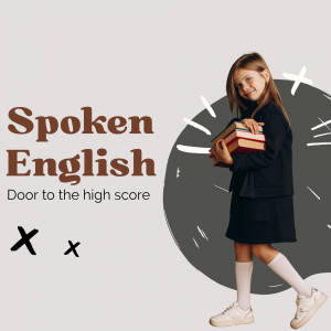 Young student holding books with 'Spoken English' text overlay