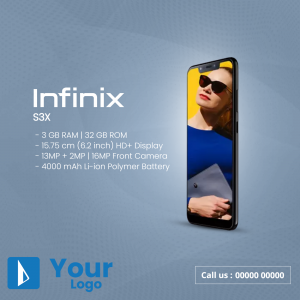Infinix S3X smartphone with a woman using it, showcasing features.