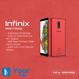 Red Infinix Note 5 Stylus smartphone with specifications listed