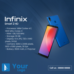 Infinix Smart 2 HD blue smartphone with specifications displayed