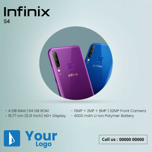 Infinix S4 smartphone in purple and blue colors with specifications