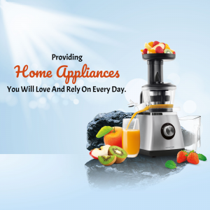 Image of a juicer with fresh fruits and juice, advertising home appliances.