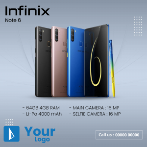 Infinix Note 6 smartphone in multiple colors - black, purple, blue - with key specifications.