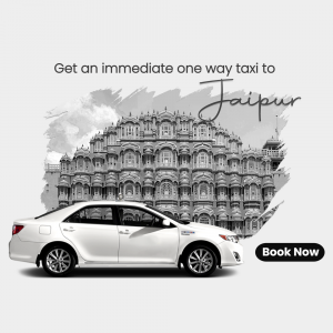 Image of a white car with Hawa Mahal in the background, advertising one-way taxi service to Jaipur.