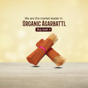 Close-up of organic agarbatti sticks with text 'We are the market leader in ORGANIC AGARBATTI'
