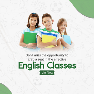 Three children promoting English classes with a call to action.