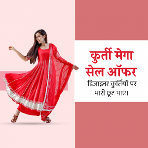 Woman in red kurti promoting a sale