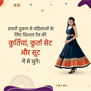 Image of a woman wearing a beautiful Kurti with text in Hindi advertising a wide range of Kurtis, Kurtas, and Suits.