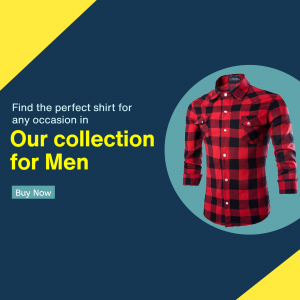 Red and black plaid shirt for men on a blue background with promotional text.