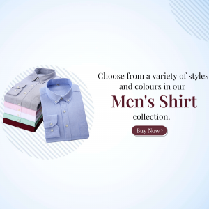 Stack of men's shirts in various colors with a 'Buy Now' button.