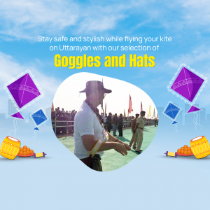 Man wearing hat and goggles with kites flying in the background for Uttarayanan festival.