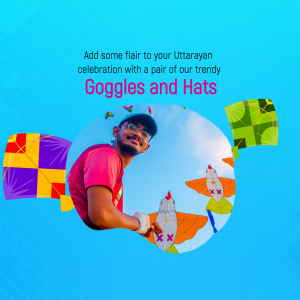 Man wearing goggles and hat with kites for Uttarayanan festival