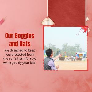 Man flying a kite wearing goggles and a hat, with promotional text about sun protection.