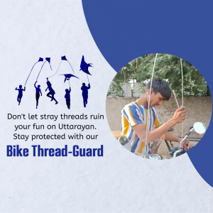Image of a person riding a bike with a thread guard during Uttarayan kite festival.