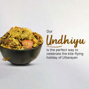 A bowl of Undhiyu with text promoting it as a perfect dish for Uttarayan kite festival.