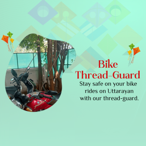 A promotional image for a bike thread-guard, featuring a scooter and kites.