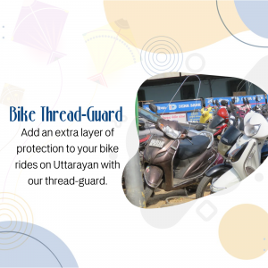 Advertisement for a bike thread-guard during the Uttarayan kite festival.