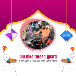 A biker wearing a safety vest and backpack riding a motorcycle with the text 'Our bike thread-guard is designed to keep you safe on the roads.'