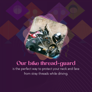 Advertisement for a bike thread guard, showing a motorcyclist and colorful kite patterns.