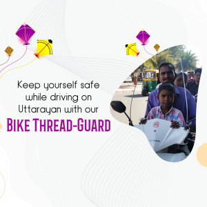 A promotional image for a bike thread-guard during the Uttarayan kite festival, showing a father and son on a motorcycle.