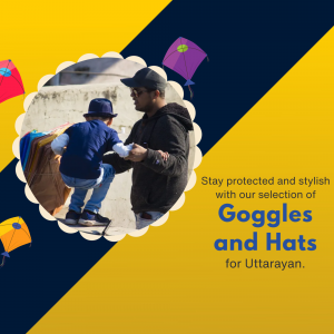Father and son flying kites with goggles and hats