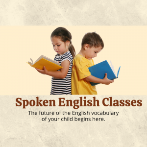 Two children reading books back-to-back with text promoting Spoken English Classes.