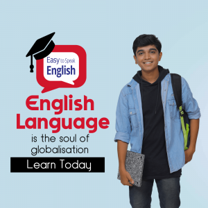 A young man smiling and holding books with an English language learning advertisement.