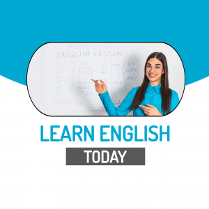 Young woman teaching English with a whiteboard and text 'Learn English Today'