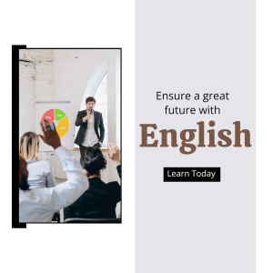 Image of a speaker presenting to a class with text promoting English language learning.
