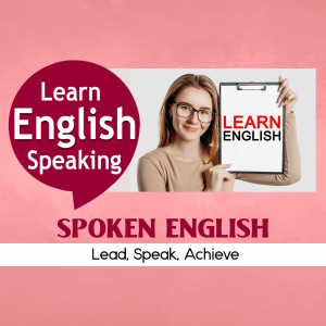 Woman holding a clipboard with 'Learn English' text, promoting English speaking courses.