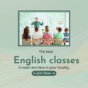 Image of a teacher presenting to a class with text promoting English classes.