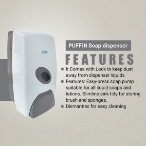 White Puffin soap dispenser with features listed
