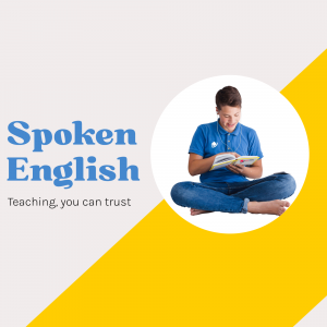 A person sitting cross-legged reading a book with the text 'Spoken English' and 'Teaching you can trust' displayed.